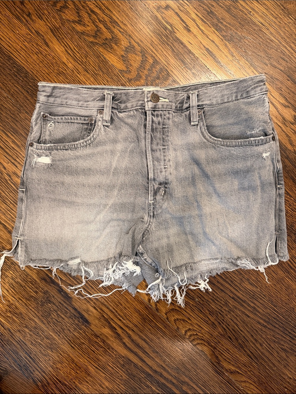 Etica Haven Slouch Short in Faded Grey with Raw Hem and Button Fly